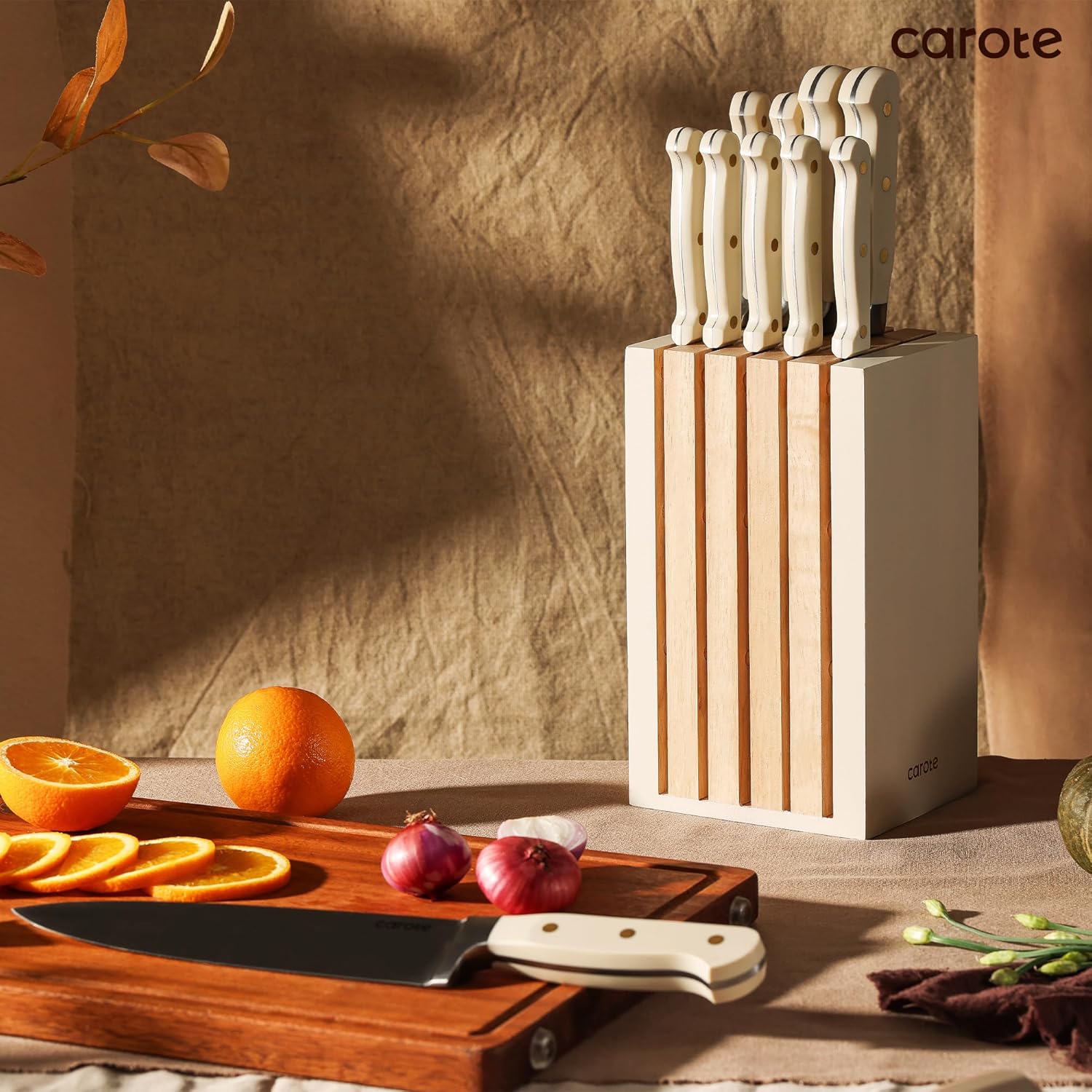 CAROTE 11 Pieces Knife Set with Block for kitchen, Stainless Steel Razor-Sharp Blade, Triple Riveted Ergonomic Handle, Wooden Magnetic Block, Essential Knife Block Set, Beige